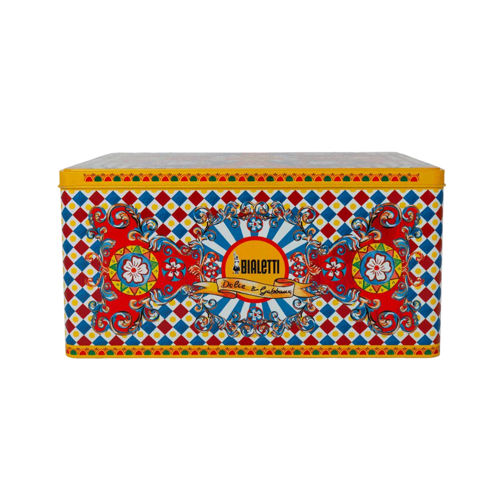 Bialetti Dolce&amp;Gabbana Moka Express 2-Cup, Porcelain Cup &amp; Stirrers Set Box Front